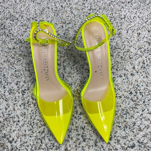 Stuart Weitzman Heel Women 7 Glam 100 Strap Pump Neon Yellow Rhinestone Shoe - Picture 4 of 6